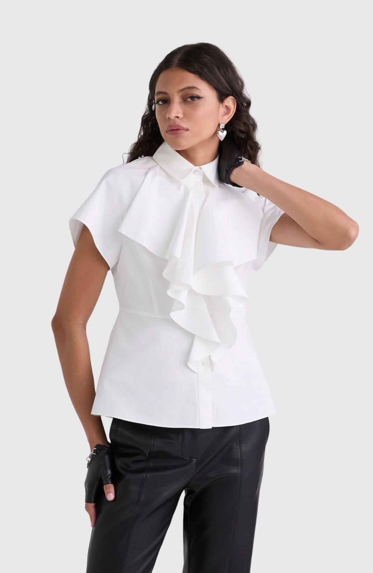Front Ruffle Sslv Poplin Shirt