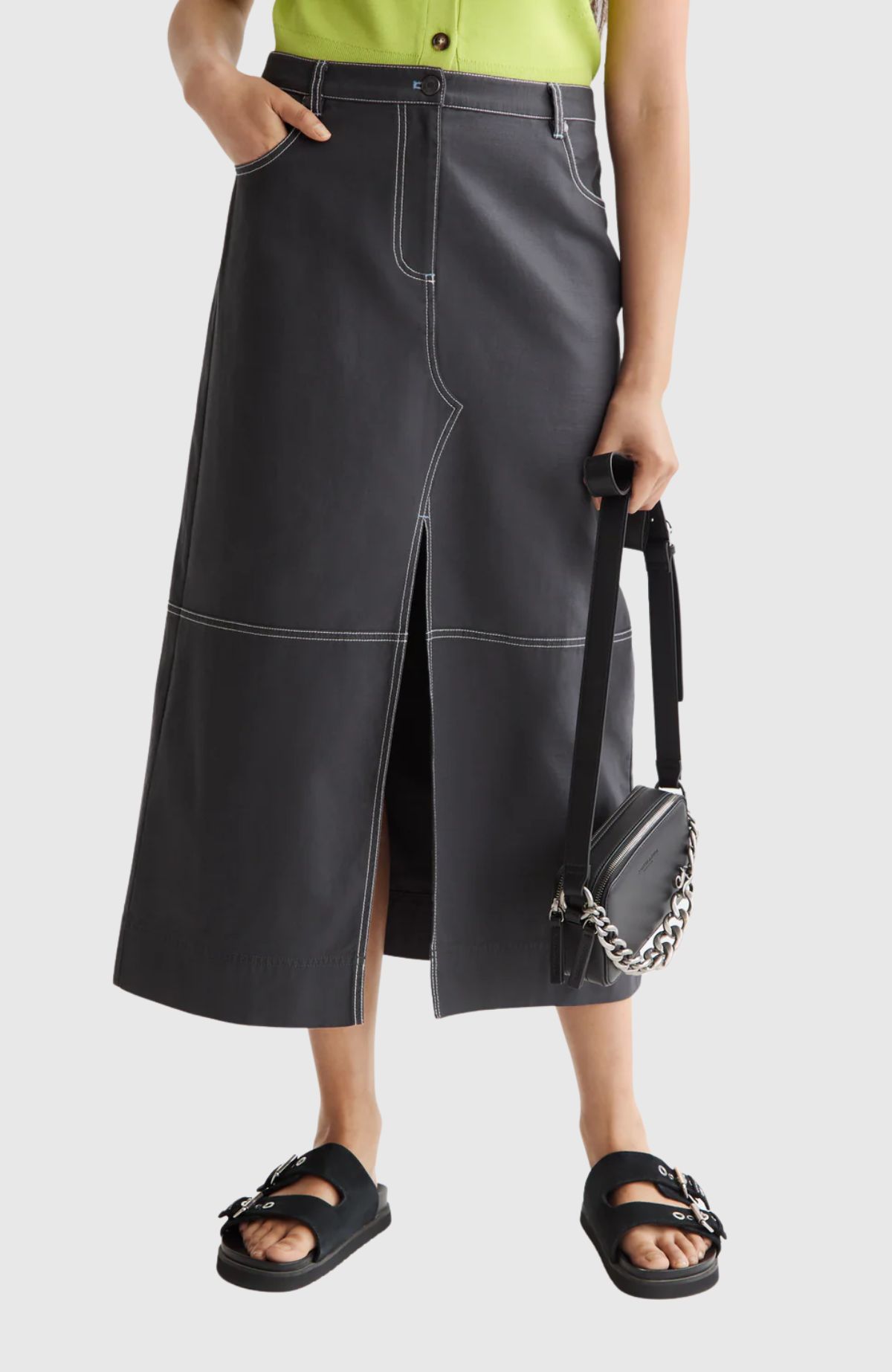 Workwear midi skirt with front slit