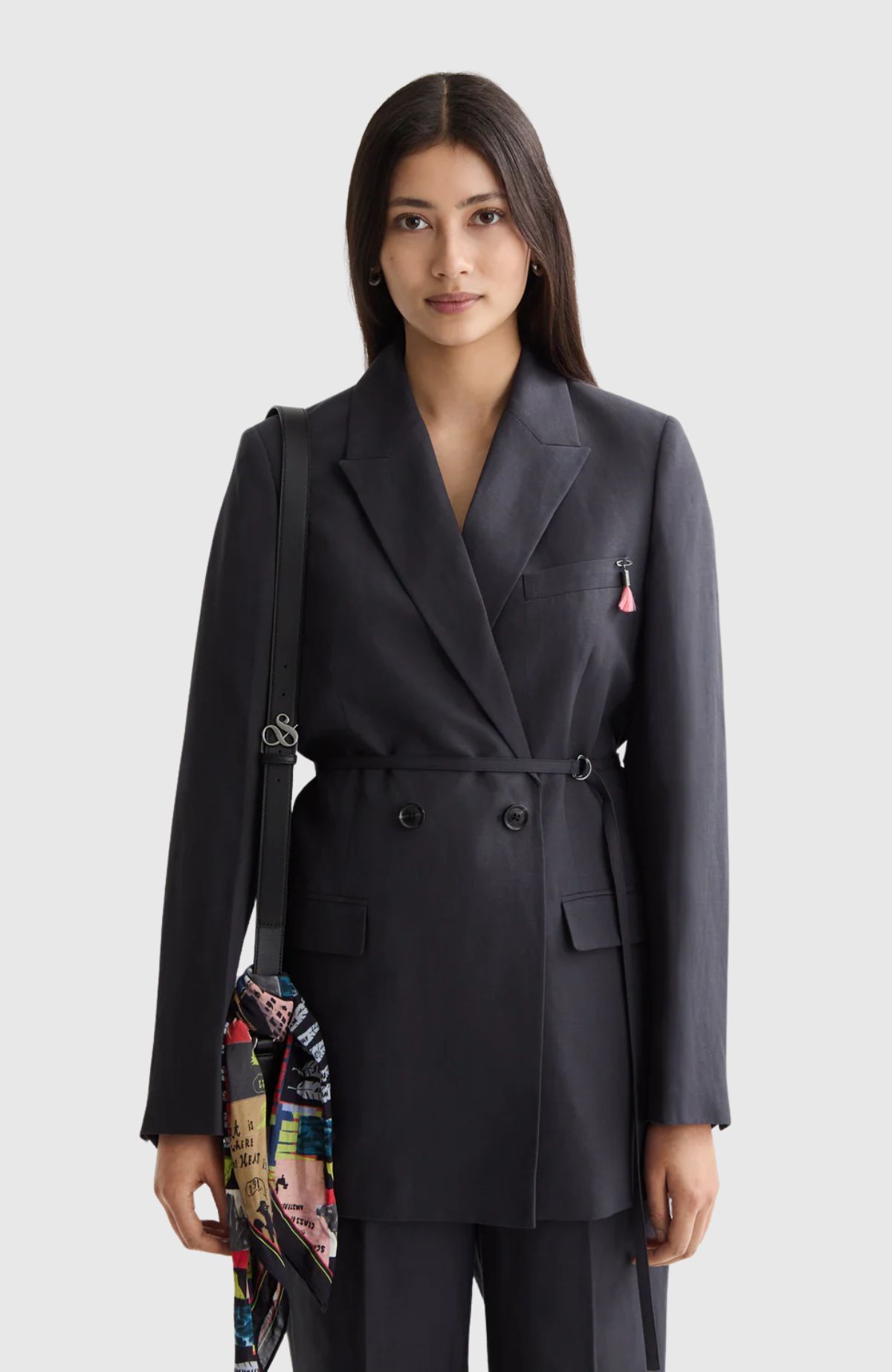 Double breasted belted drapey blazer