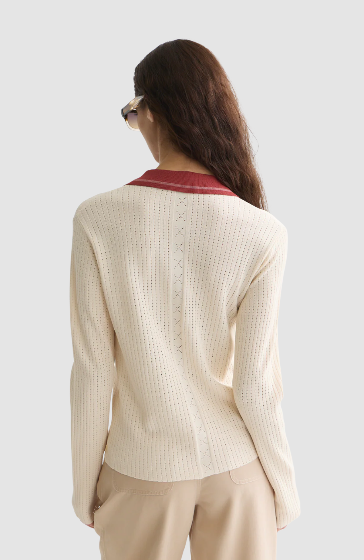 Pointelle knitted polo-neck cardigan