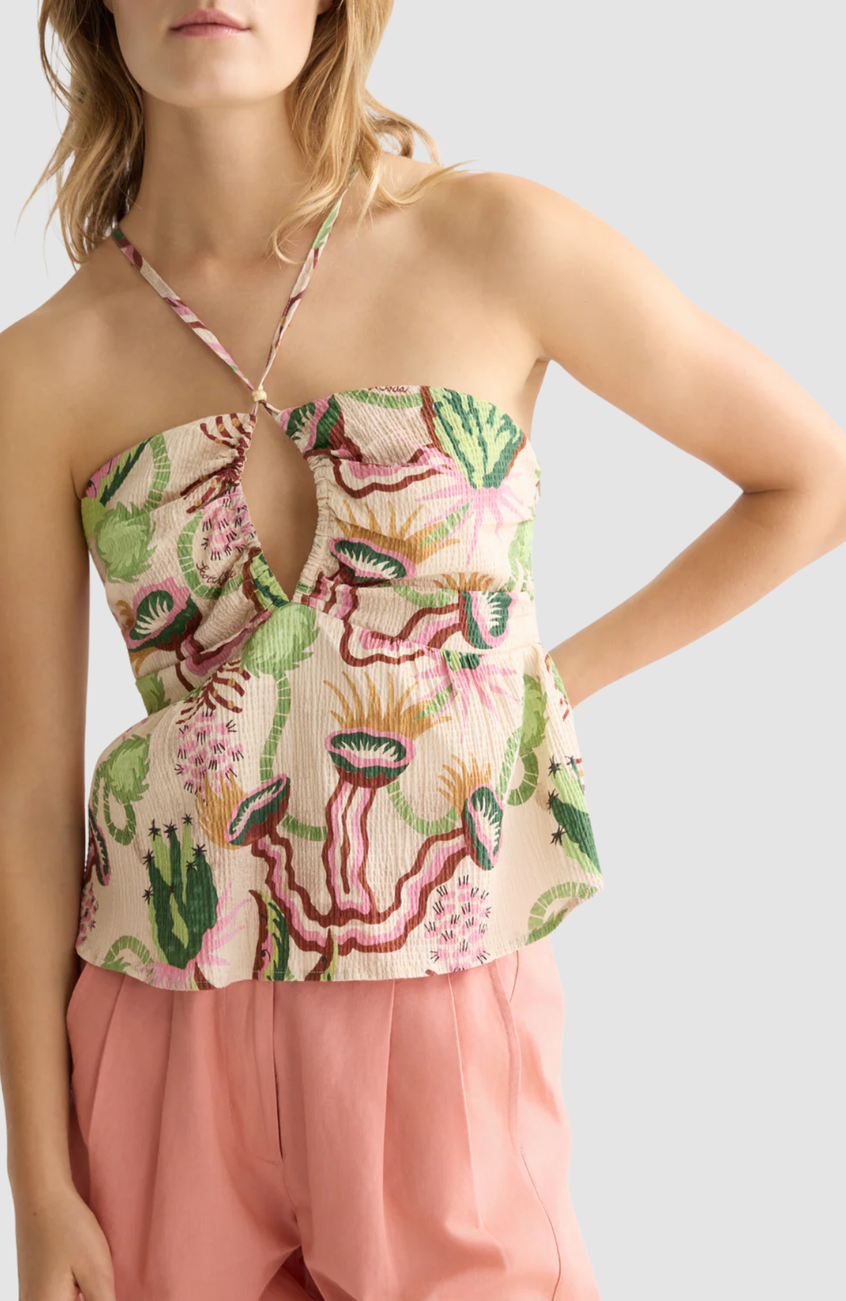 Cotton seersucker keyhole halter tank top