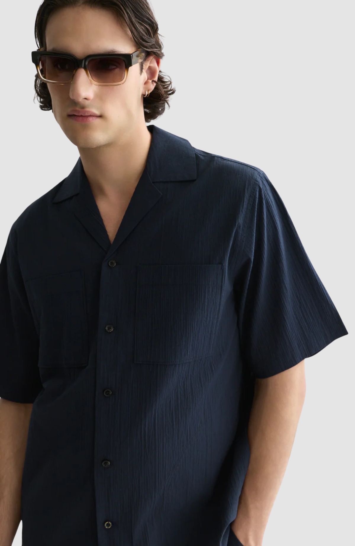 Crinckled Cotton-Blend Relaxed-Fit Short-Sleeved Shirt