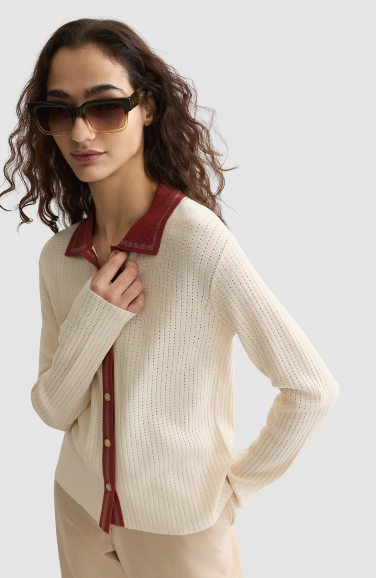 Pointelle knitted polo-neck cardigan