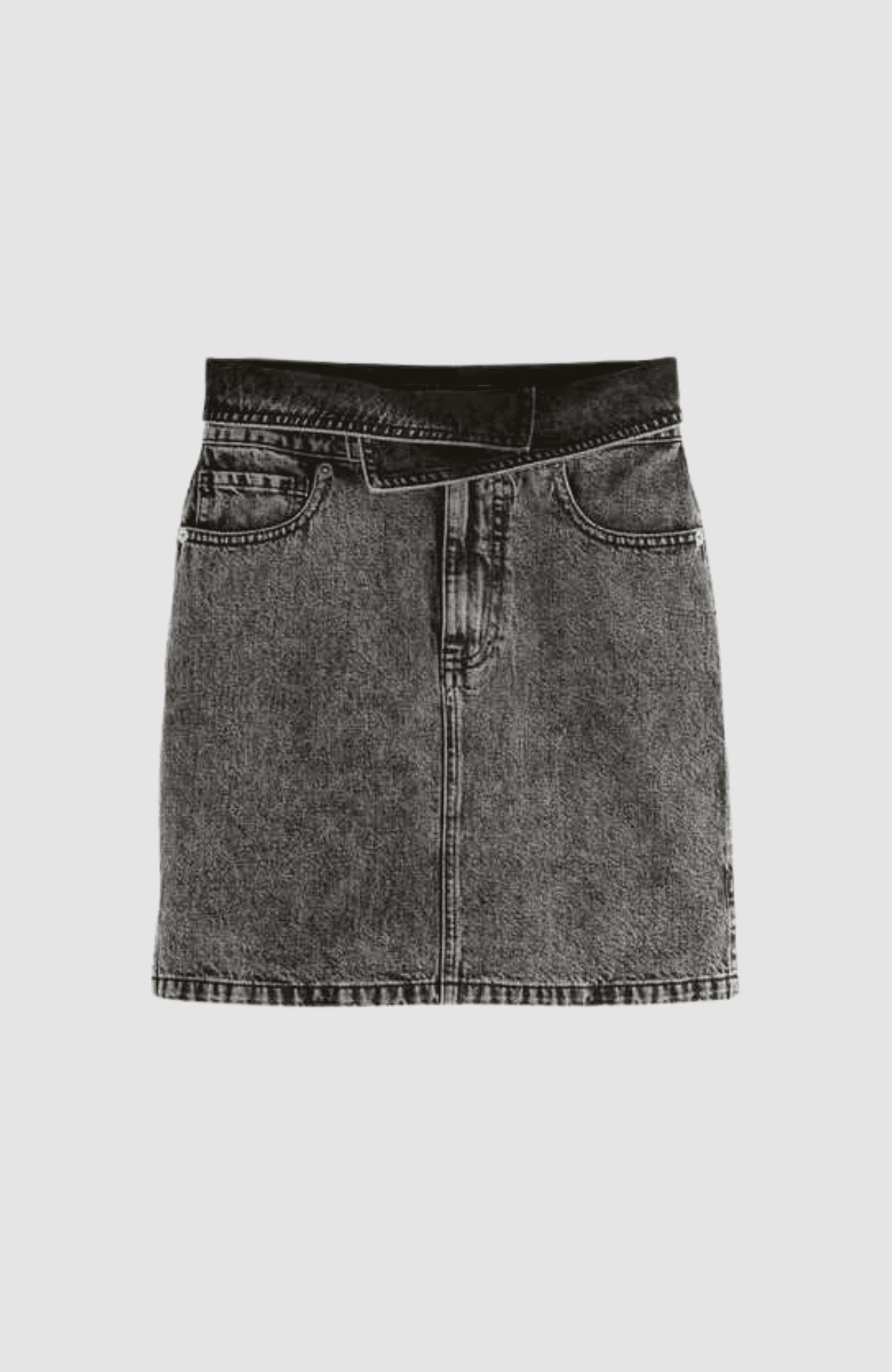 Seasonal fold over black denim skirt with wash effects