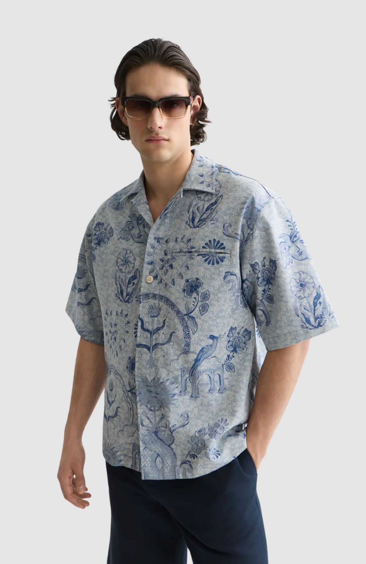 Delfts Blauw Jacquard Loose-Fit Short-Sleeved Shirt