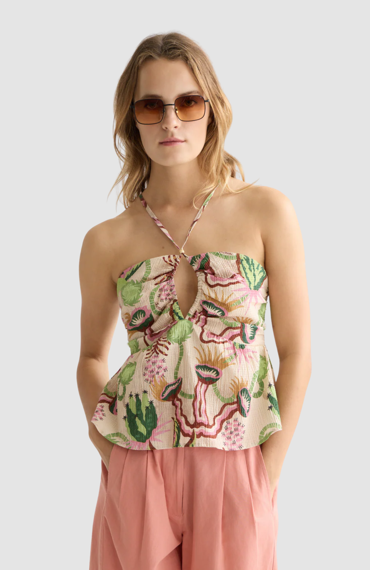 Cotton seersucker keyhole halter tank top