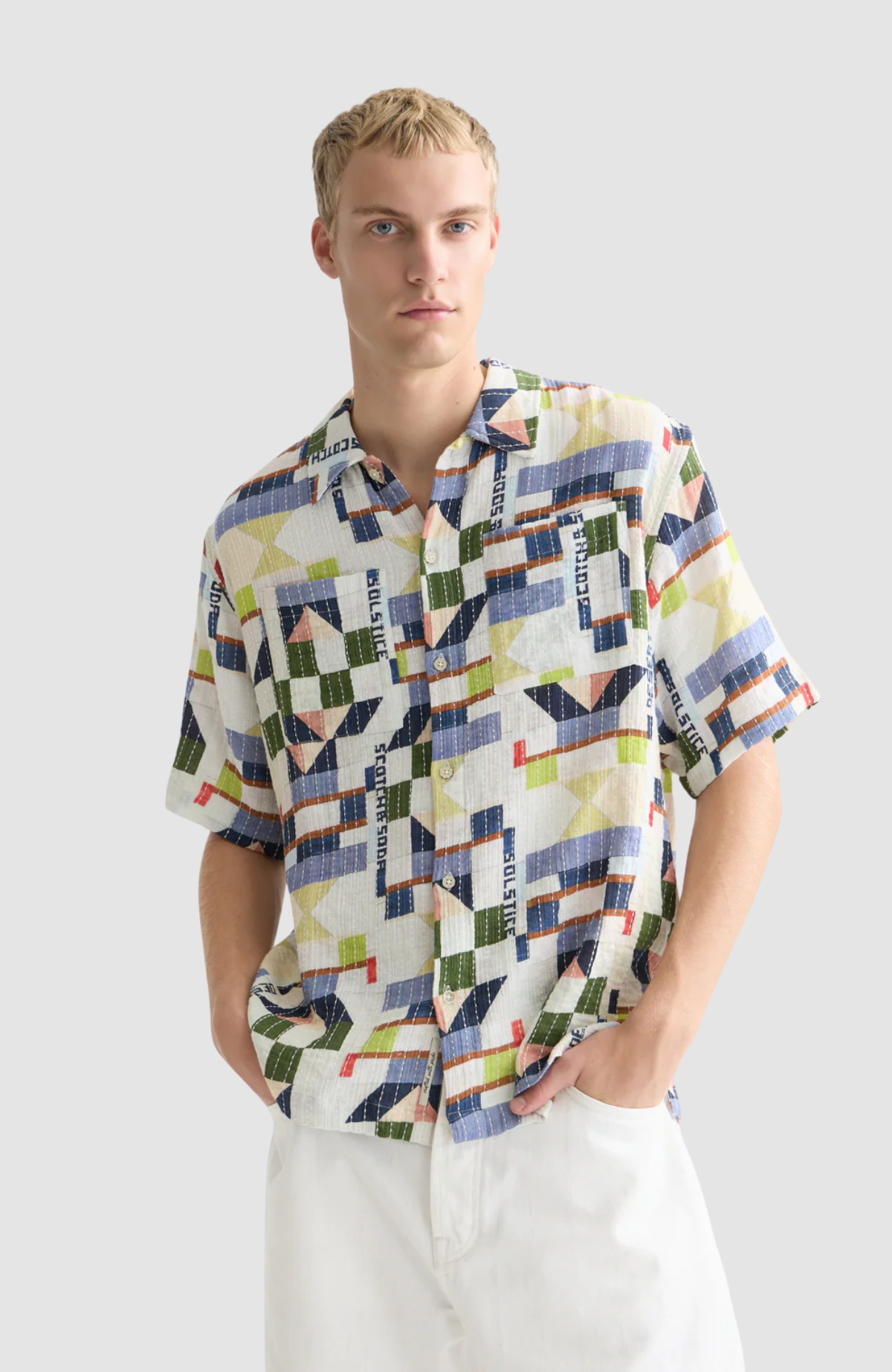Printed stitched relaxedfit shortsleeved shirt