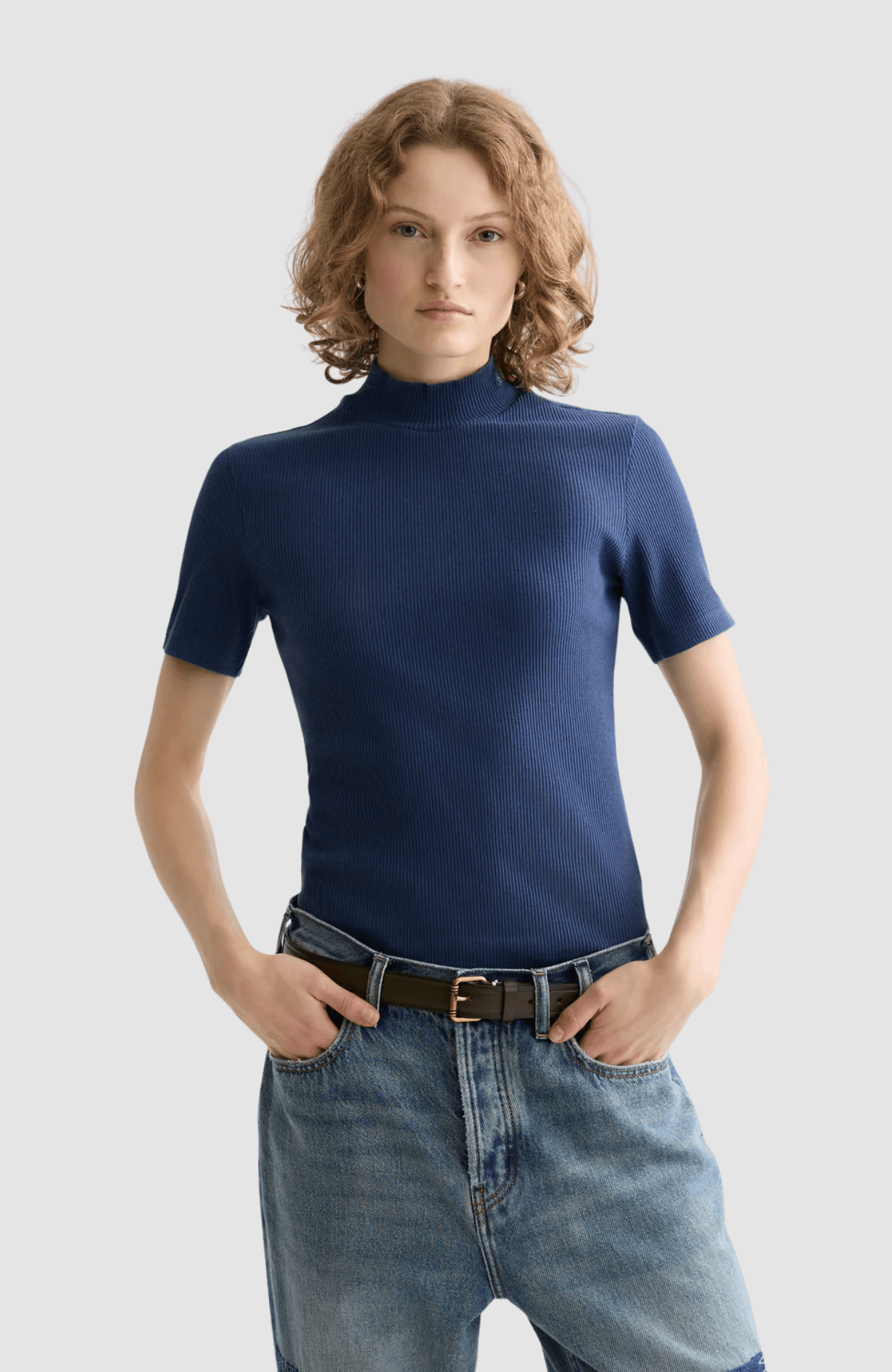 Mock neck rib T-shirt