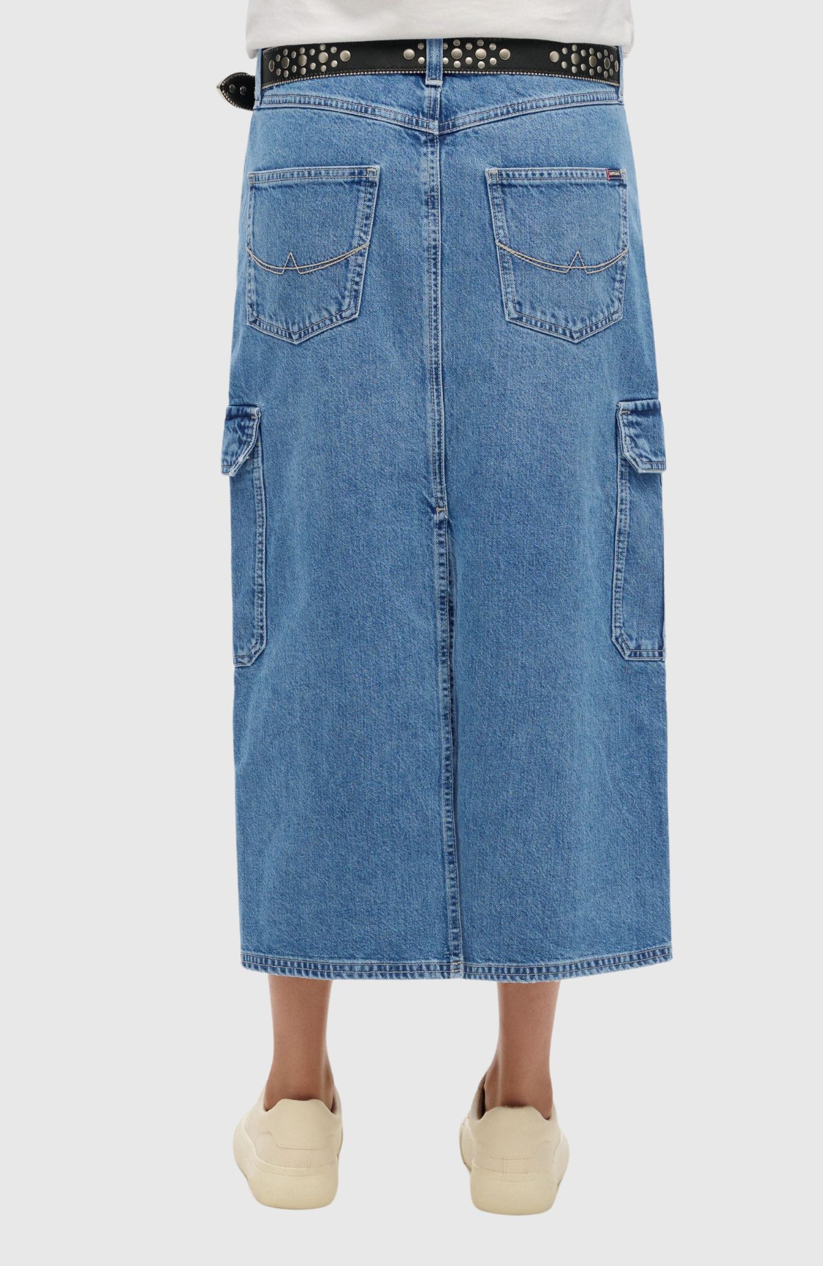 Denim Cargo Pocket Midi Skirt