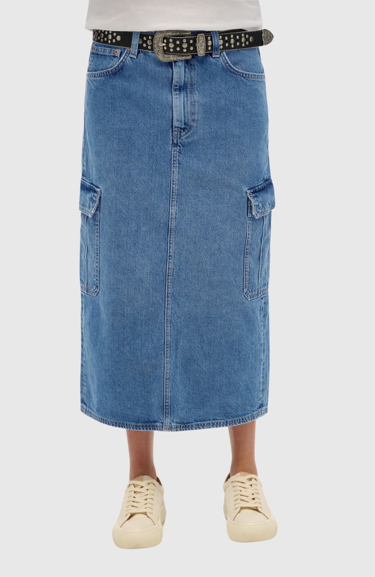 Denim Cargo Pocket Midi Skirt