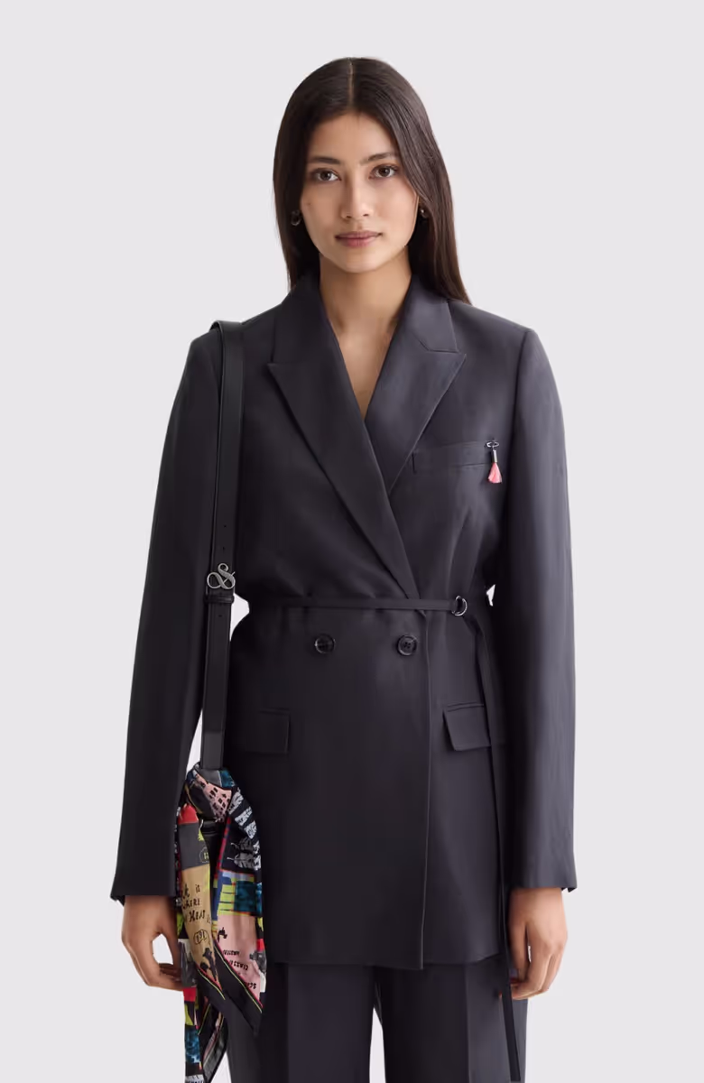 Double breasted belted drapey blazer