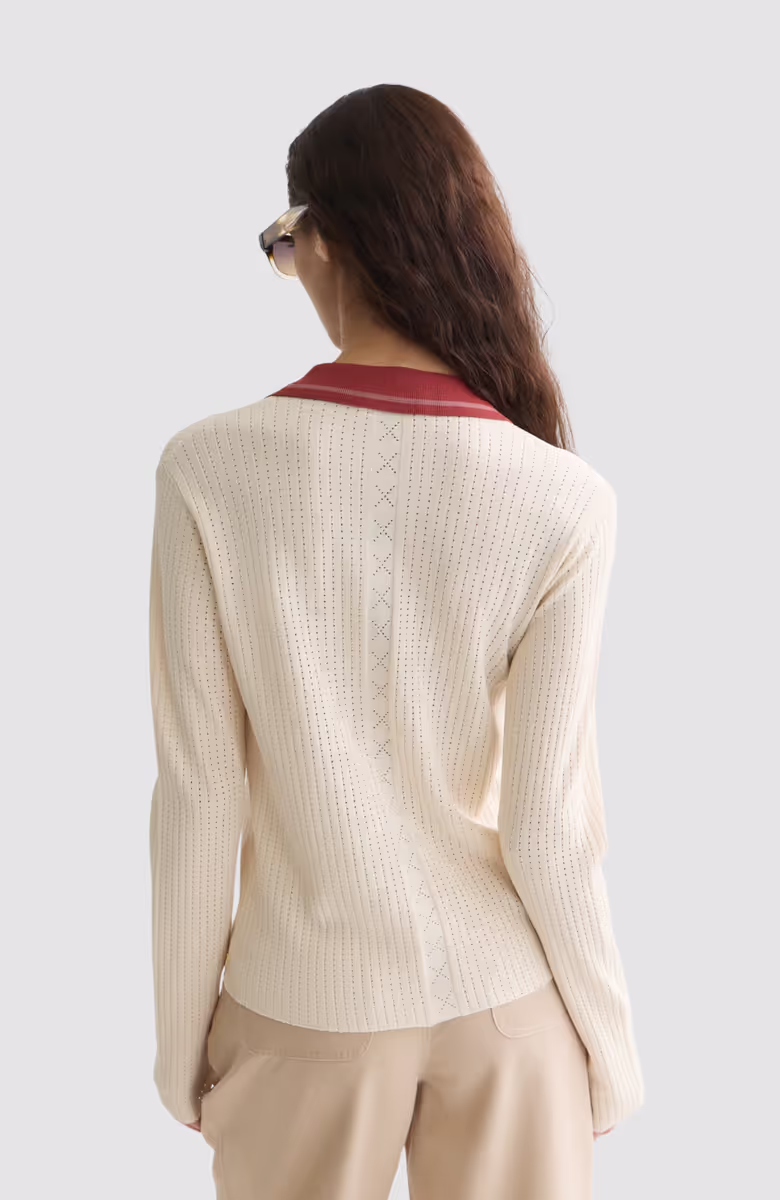 Pointelle knitted polo-neck cardigan