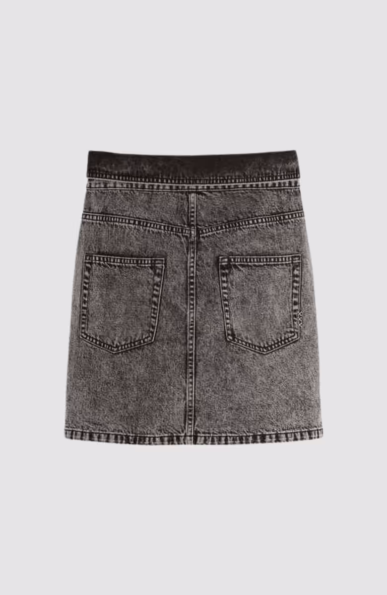 Seasonal fold over black denim skirt with wash effects