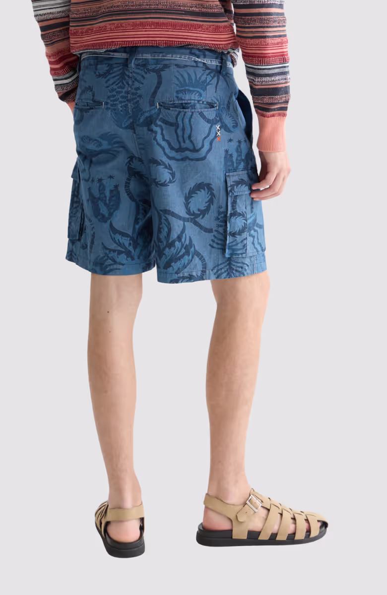 Allover printed chambray cargo shorts