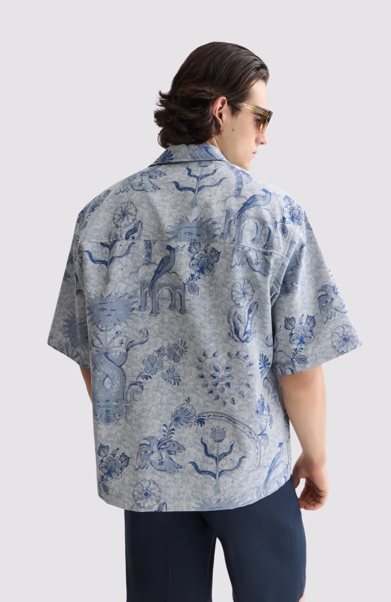 Delfts Blauw Jacquard Loose-Fit Short-Sleeved Shirt