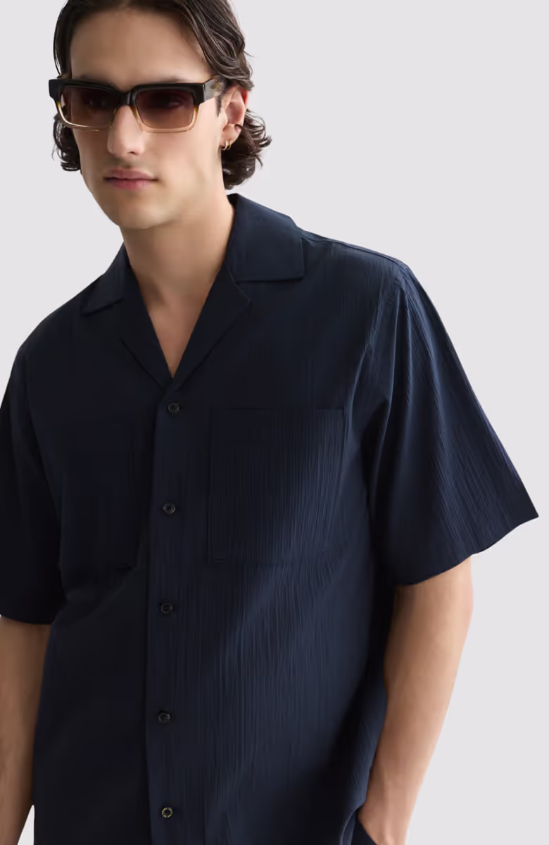 Crinckled Cotton-Blend Relaxed-Fit Short-Sleeved Shirt