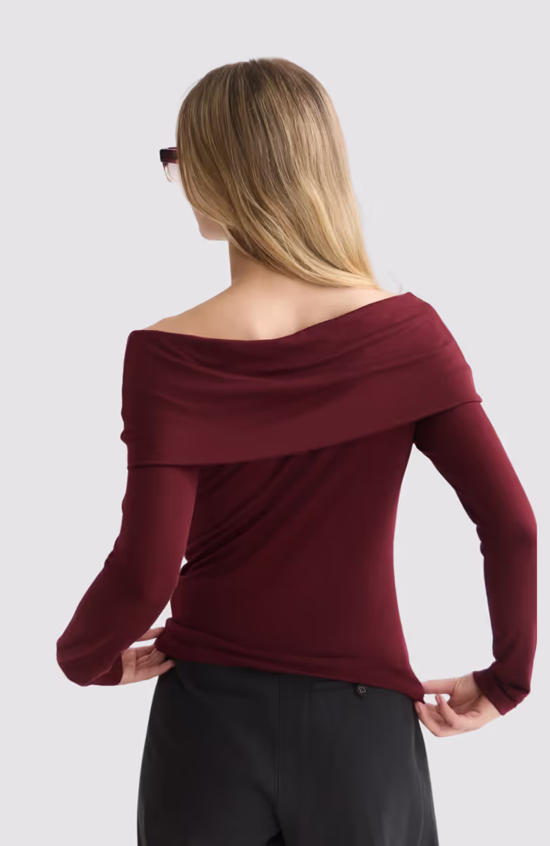 Twisted neckline wool-blend LS T-shirt