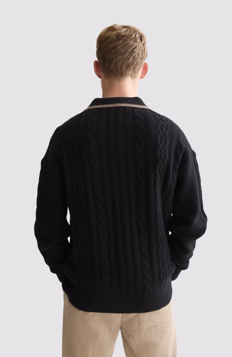Soft knit polo cable dropped shoulder pullover