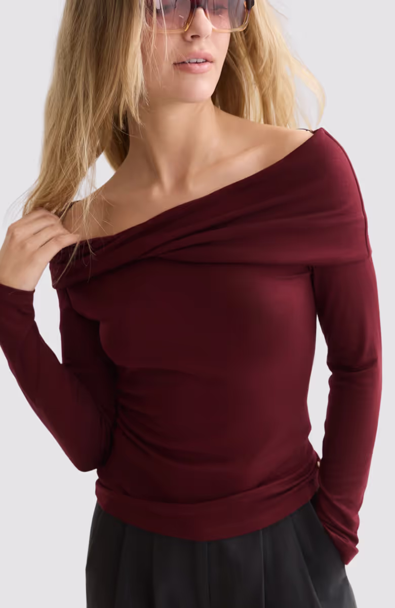 Twisted neckline wool-blend LS T-shirt