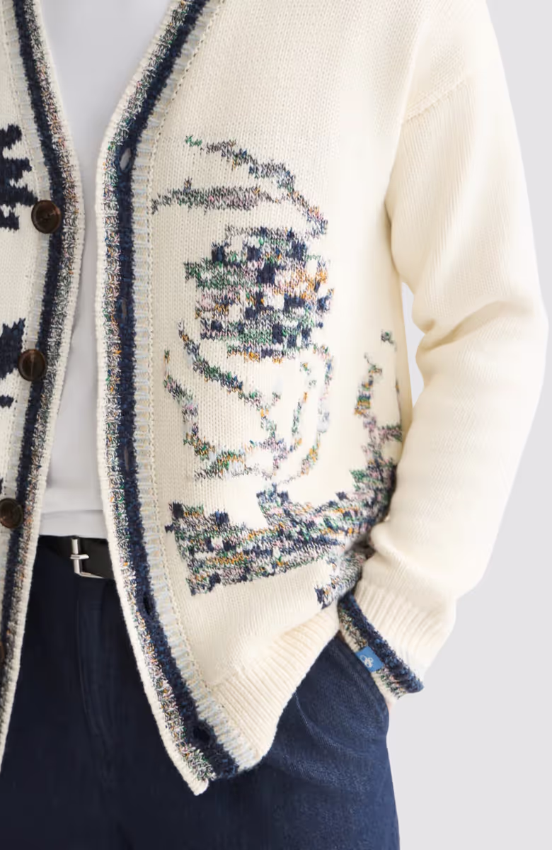 Intarsia cotton-blend dropped shoulder cardigan