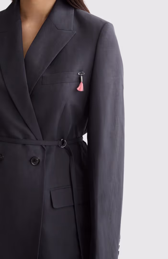 Double breasted belted drapey blazer