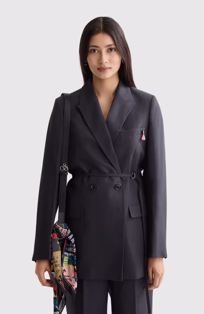Double breasted belted drapey blazer