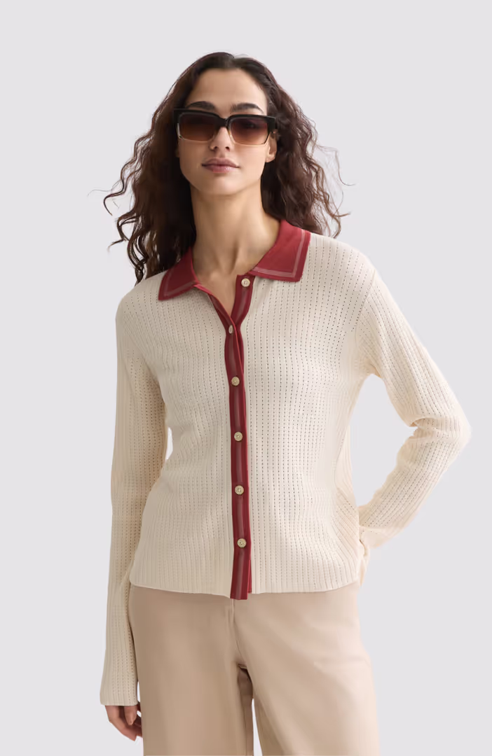 Pointelle knitted polo-neck cardigan