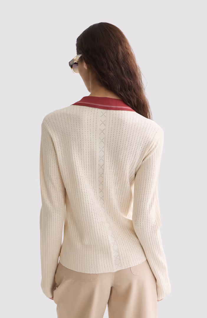 Pointelle knitted polo-neck cardigan