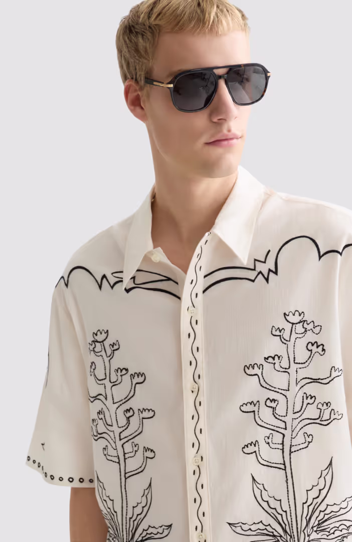 Embroidered seersucker relaxedfit shortsleeved shirt