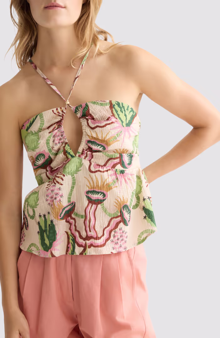 Cotton seersucker keyhole halter tank top