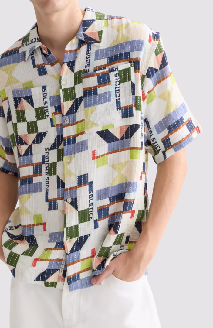 Printed stitched relaxedfit shortsleeved shirt