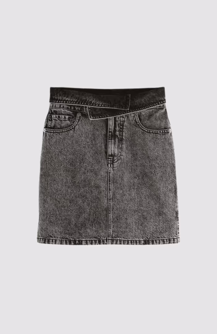 Seasonal fold over black denim skirt with wash effects