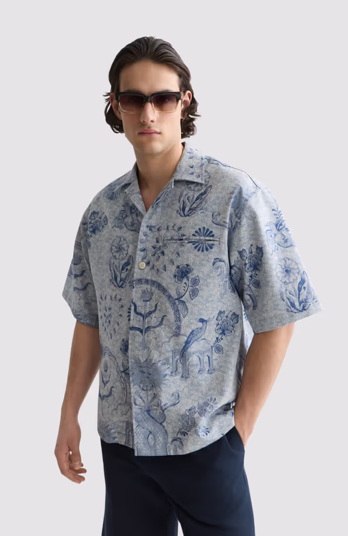 Delfts Blauw Jacquard Loose-Fit Short-Sleeved Shirt