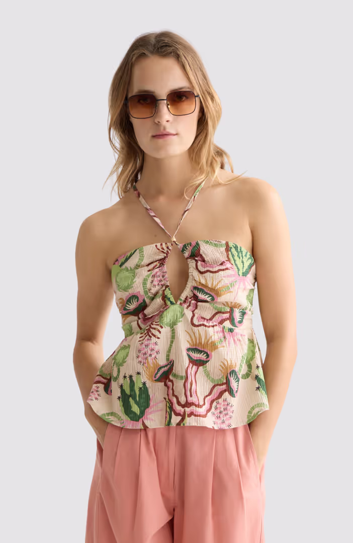 Cotton seersucker keyhole halter tank top