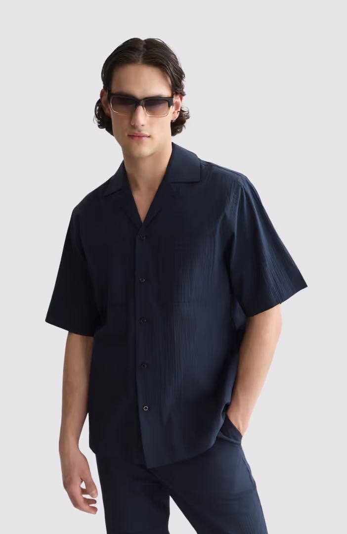 Crinckled Cotton-Blend Relaxed-Fit Short-Sleeved Shirt
