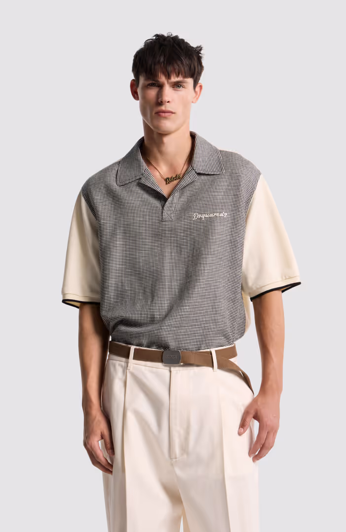 Virgin Wool Linen Pied De Poule Polo