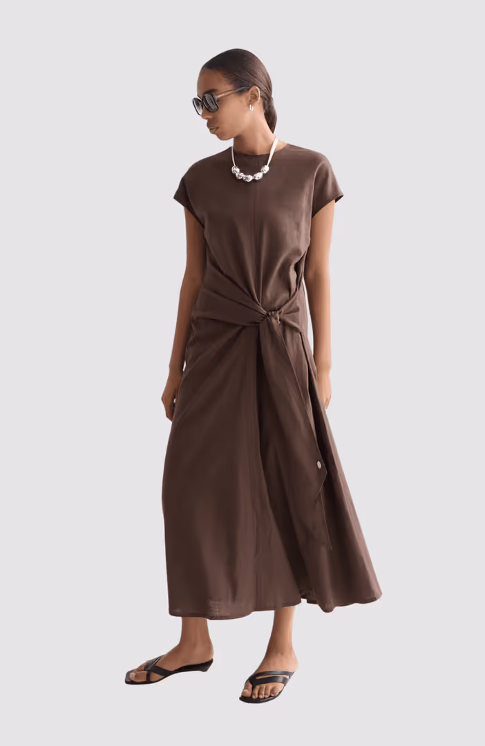 Relaxed linen blend ankle length tie dress