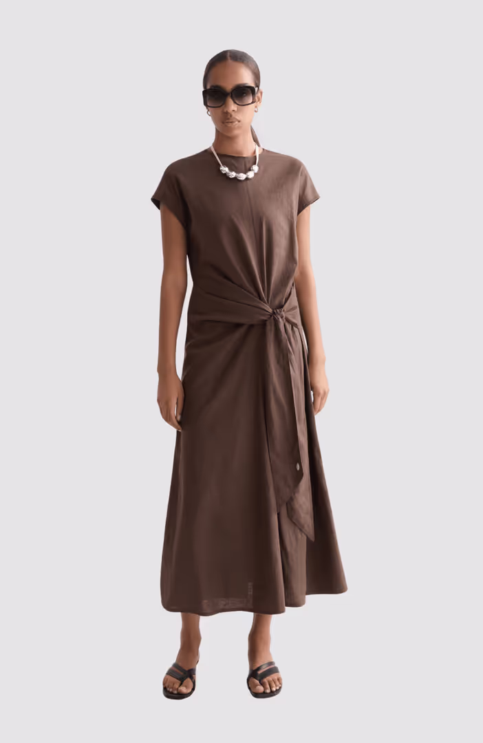 Relaxed linen blend ankle length tie dress