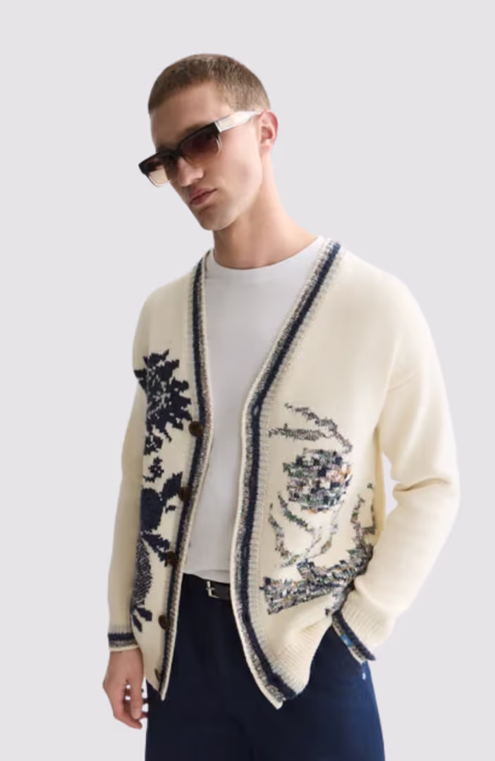 Intarsia cotton-blend dropped shoulder cardigan