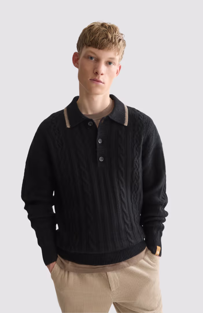 Soft knit polo cable dropped shoulder pullover