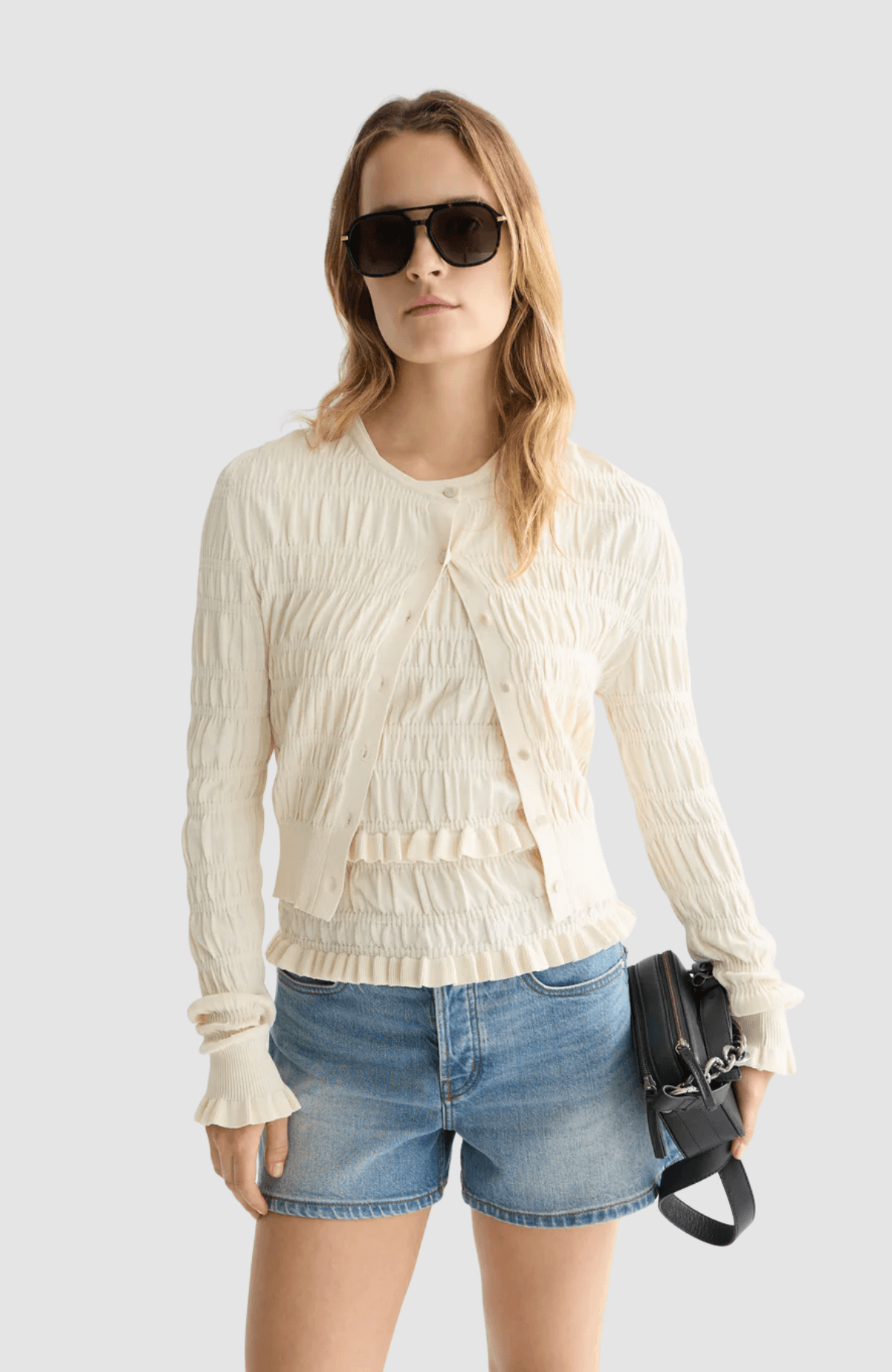 Smock stitch crew neck cardigan