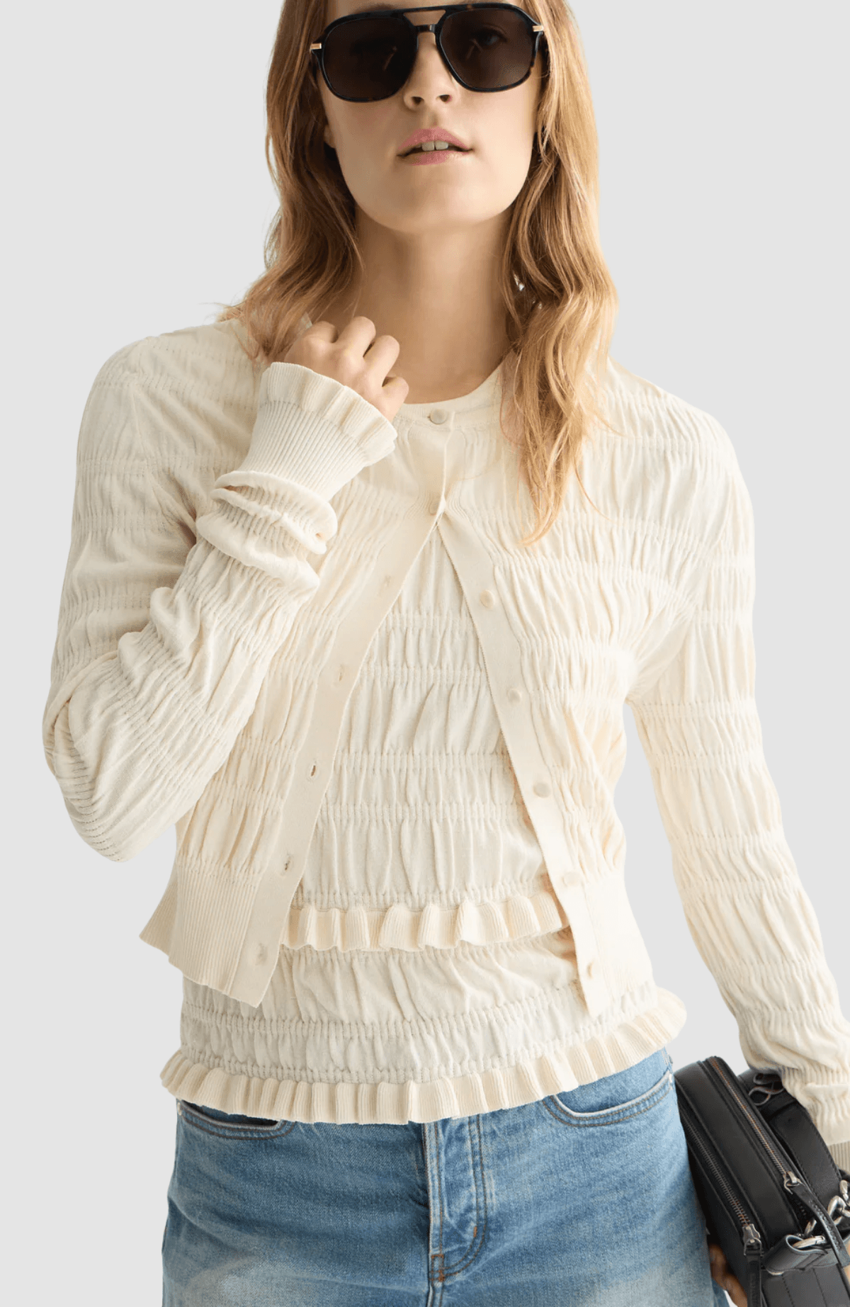 Smock stitch crew neck cardigan