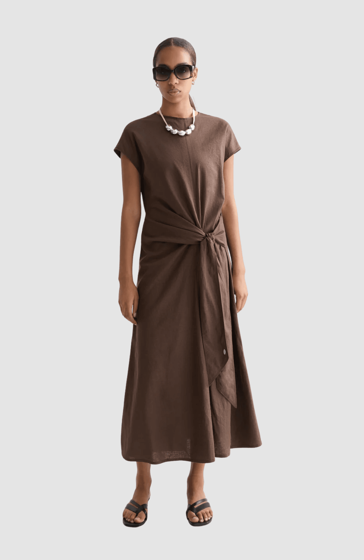Relaxed linen blend ankle length tie dress