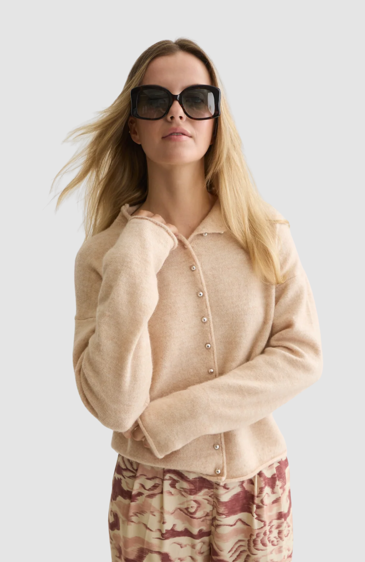 Fuzzy funnel-neck cardigan