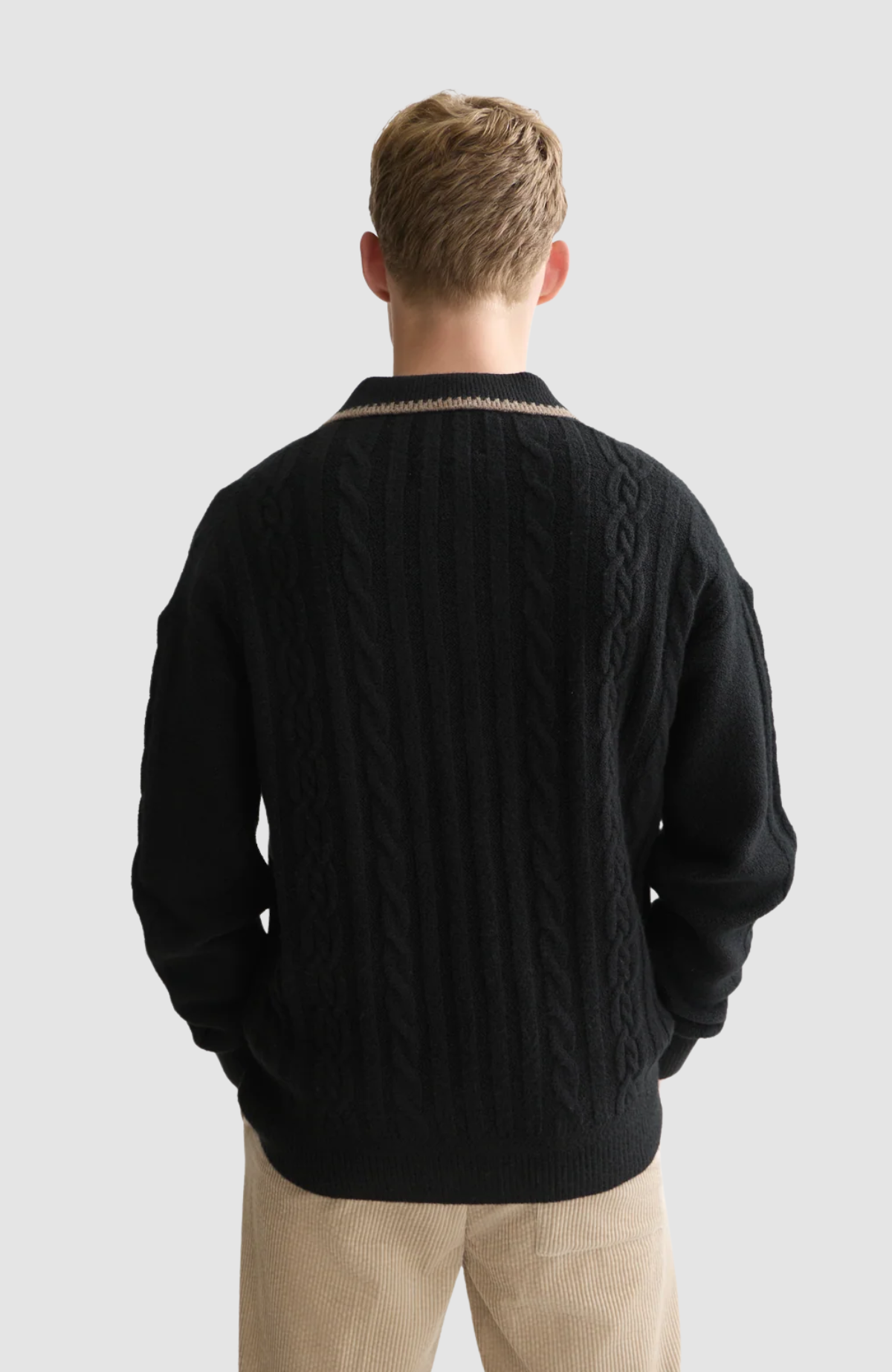 Soft knit polo cable dropped shoulder pullover