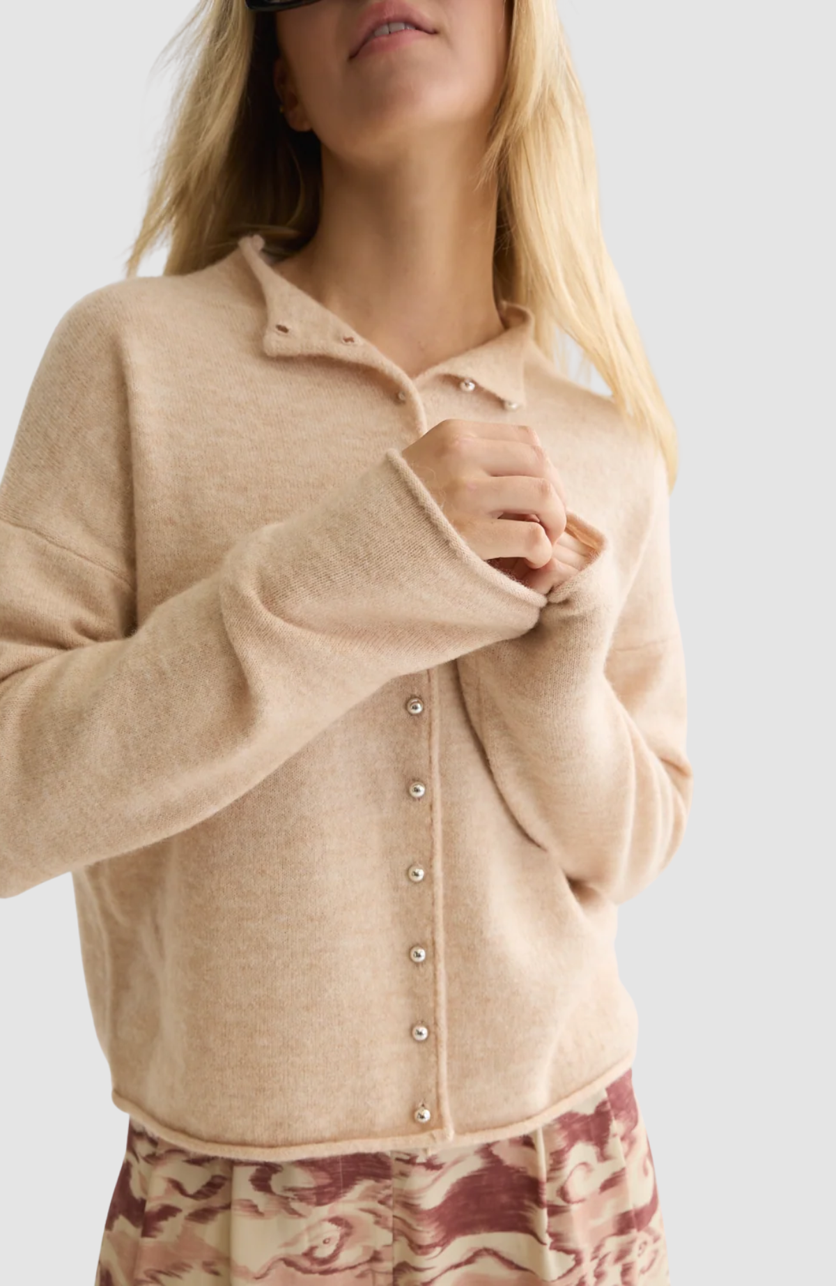 Fuzzy funnel-neck cardigan