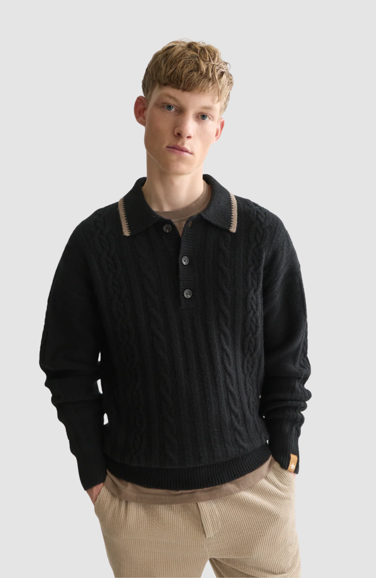 Soft knit polo cable dropped shoulder pullover